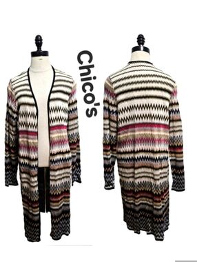 Chico's Open-Front Multicolor Chevron Long Sleeve Cardigan Sweater Sz 2 (L)